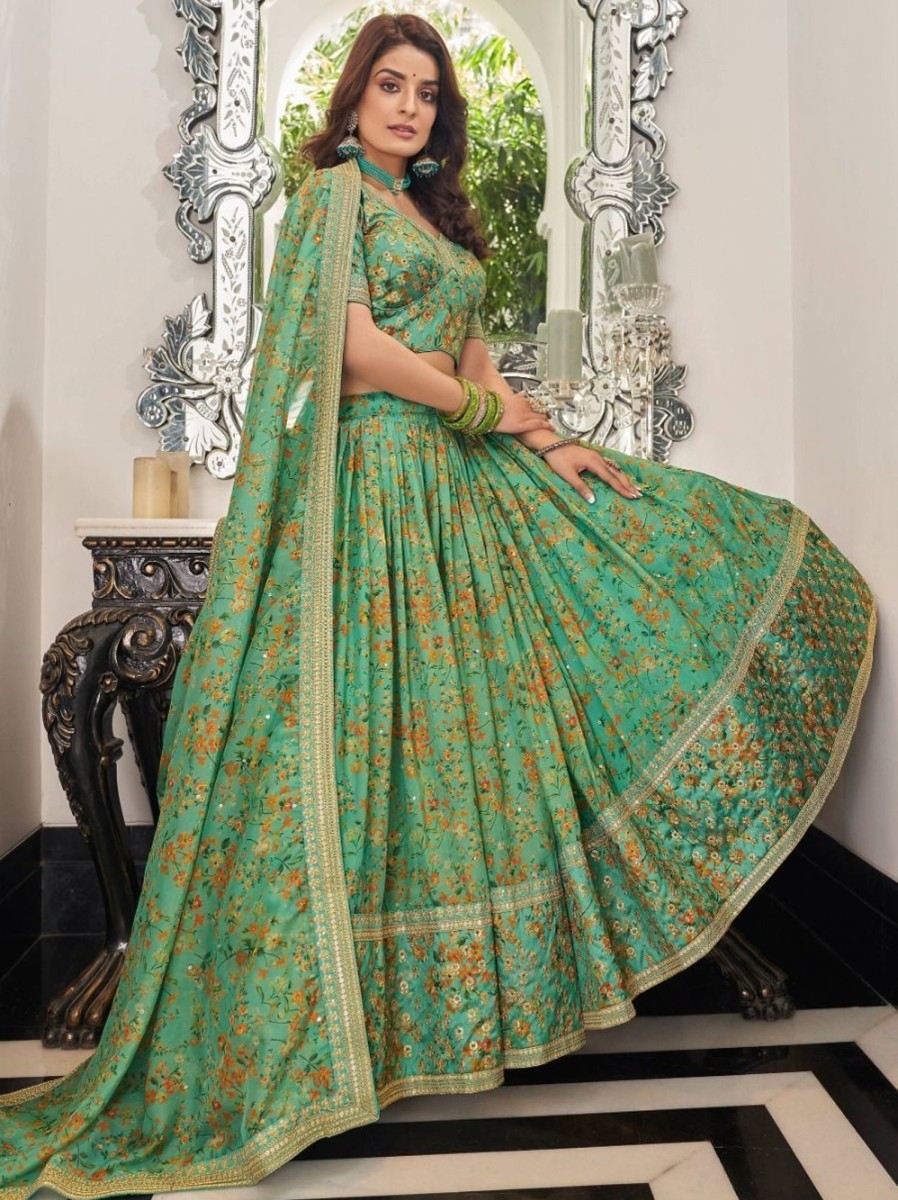 Lehenga Zeel Clothing Attractive Green Floral Printed Organza Mehendi Wear Lehenga Choli